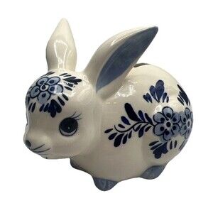 Delft Blue Vintage Bunny Coin Bank In White With Blue Flowers Hand painted